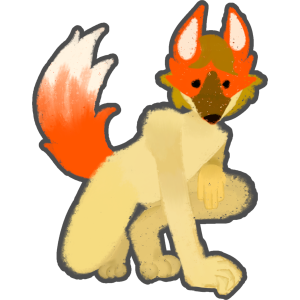 A creature crouching down with one paw up and one paw down, they have a yellow body, a red fox mask on their face, and a fluffy orange tail.